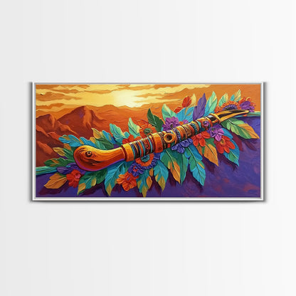 Native Flute, Flowers, Sunset, Framed Canvas Print, Spiritual Native American flute art with flowers and mountains, Boho Wall Art