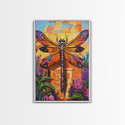 Dragonfly Floral, Bold, Nature, Framed Canvas Print, Boho dragonfly wall art, vivid nature insect painting, Bathroom or Entryway Art