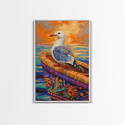 Seagull View, Coastal Bird, Sunset Sky, Ocean Perch, Framed Canvas Print, nautical bird art, hallway wall decor, seagull boho art