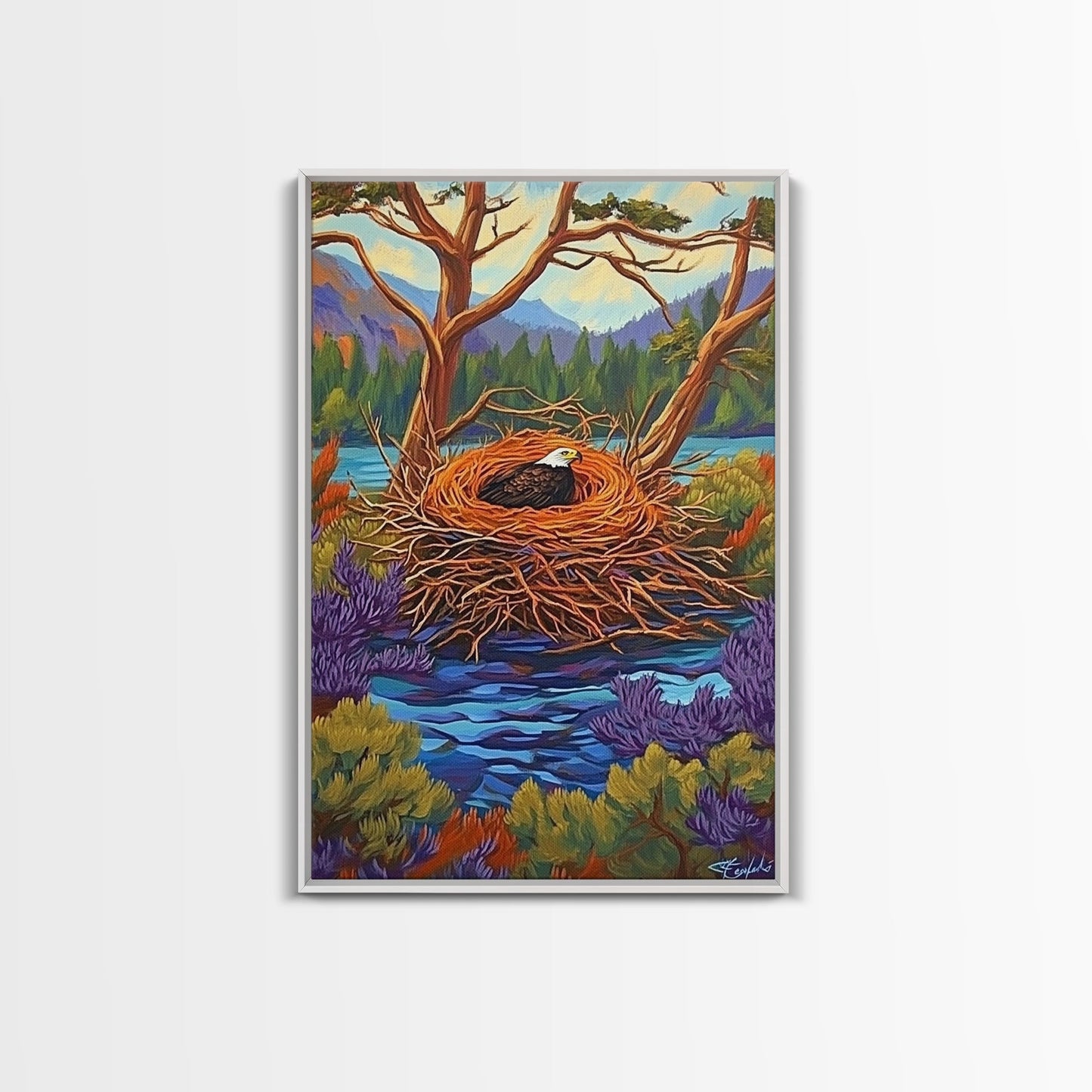 Eagle Nest, Forest, Lake, Canvas Print, rustic wildlife art, bald eagle decor, nature lodge wall art, cozy cabin Living Room theme