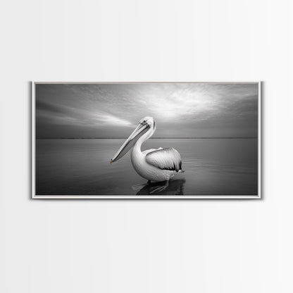 Ocean Pelican, Peaceful Bird Portrait, Coastal Wildlife Art, Framed Canvas Print, Minimalist Entryway or Beach House Wall Art