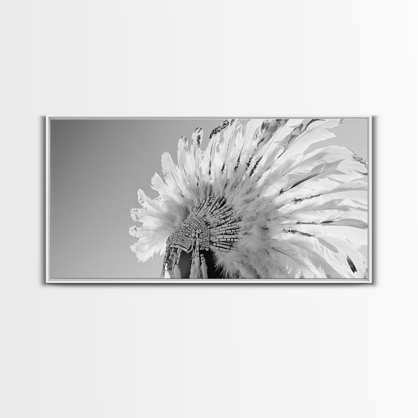 Native Headdress, Feather Crown, Cultural Tribute, Canvas Print, Boho Tribal Decor, Bedroom Wall Art, Monochrome Indigenous Style