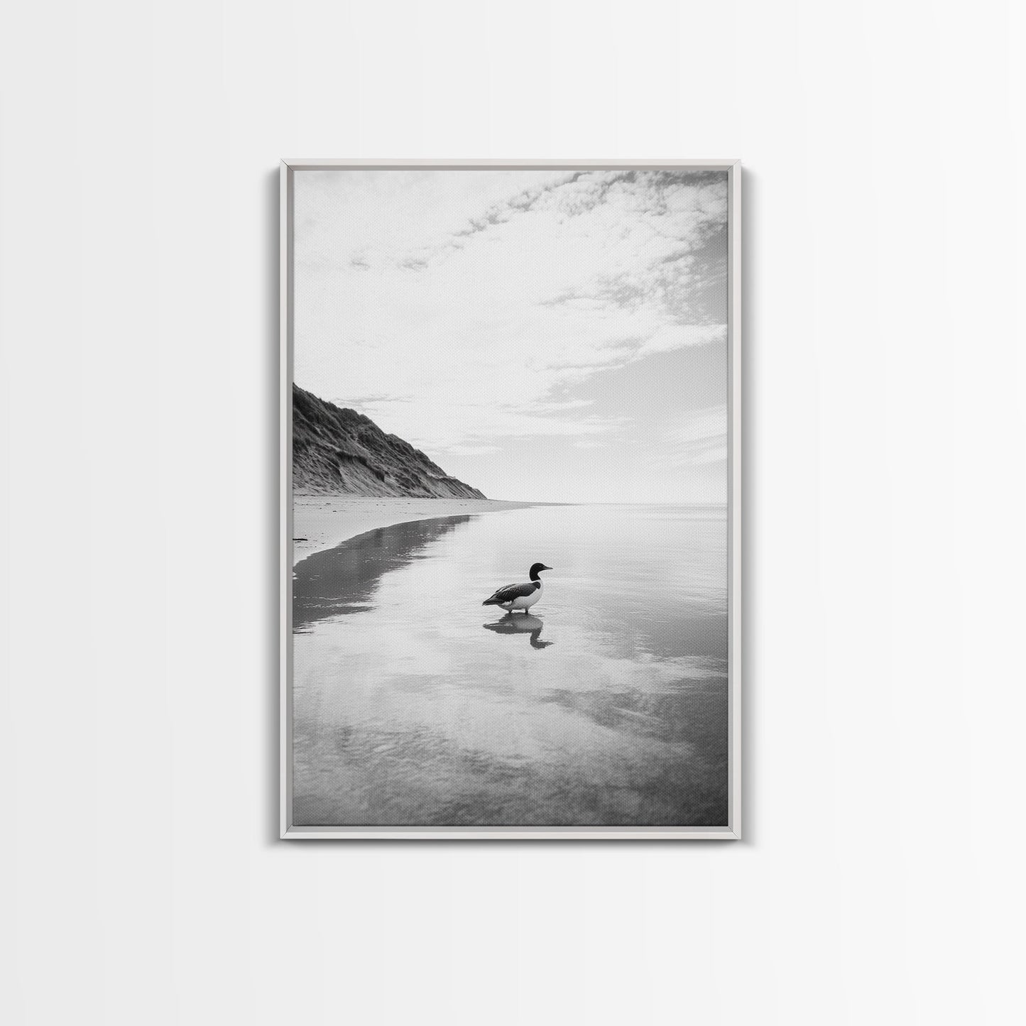 Lone Loon, Quiet Reflection, Coastal Bird, Framed Canvas Print, Nature Wall Art, Bathroom Decor, Serene Black and White Art