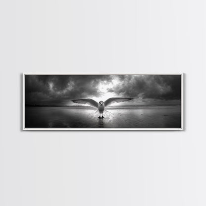 Winged Bird Beach, Coastal Sunrise, Dramatic Flight, Canvas Print, Beach House Decor, Living Room Wall Art, Nature Photography