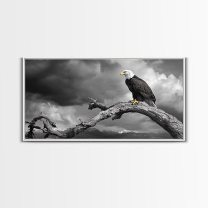 Eagle, Branch, Storm, Power and grace collide in this Framed Canvas Print of a majestic eagle perched before a storm, Living Room Wall Art