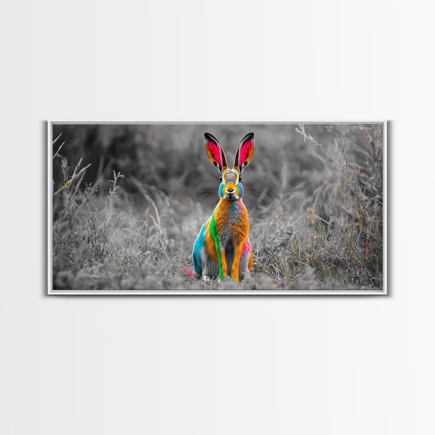 Rainbow Rabbit, Colorful Bunny, Surreal Wildlife, Nature Fantasy – Canvas Print, Kids Room Wall Art, Whimsical Decor, Modern Animal Art