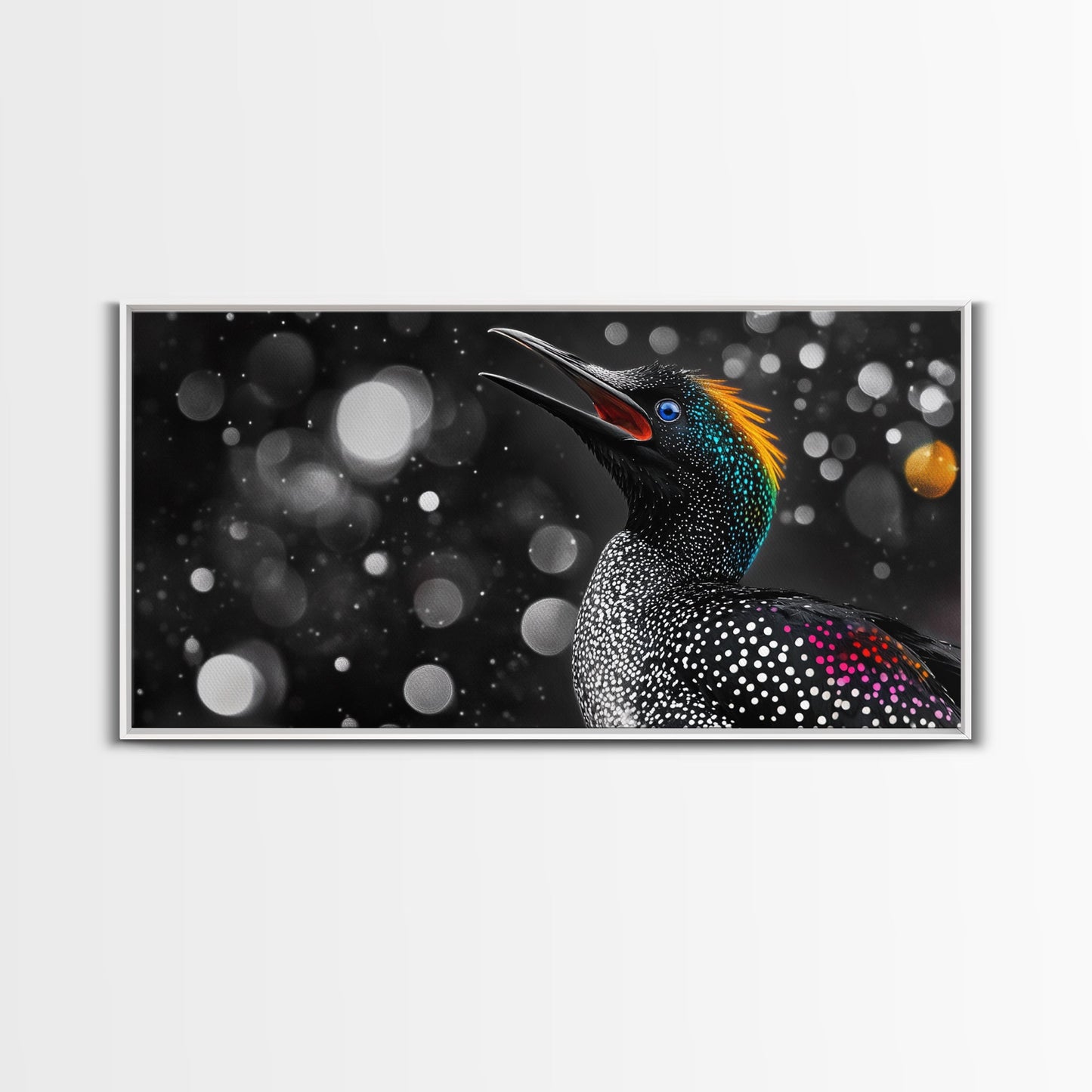 Singing Bird, Neon Plumage, Colorful Sparkle, Starry Night, Framed Canvas Print, Eclectic Art, Office Wall Art, Bright Animal Design