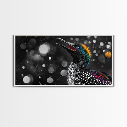 Singing Bird, Neon Plumage, Colorful Sparkle, Starry Night, Framed Canvas Print, Eclectic Art, Office Wall Art, Bright Animal Design