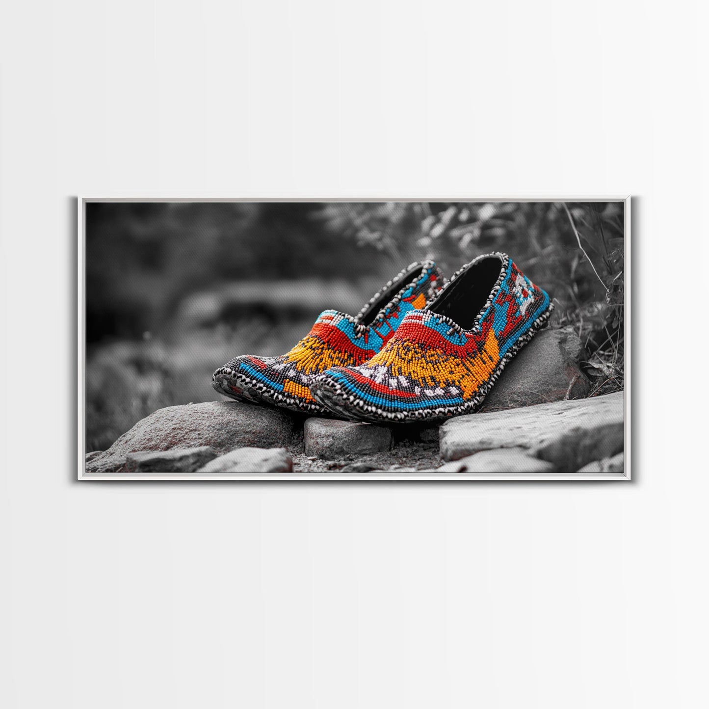 Native Beaded Shoes, Color Pop, Bohemian Style, Tribal Art, Framed Canvas Print, Rustic Wall Art, Entryway Decor, Ethnic Home Accent
