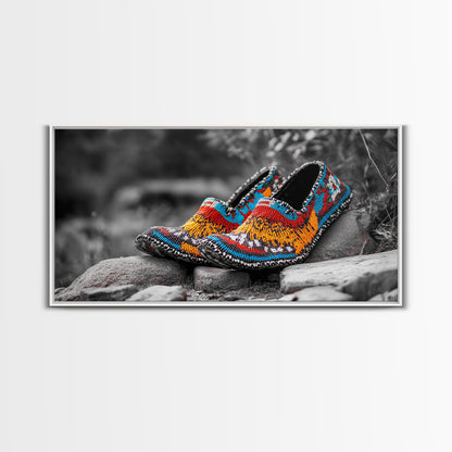 Native Beaded Shoes, Color Pop, Bohemian Style, Tribal Art, Framed Canvas Print, Rustic Wall Art, Entryway Decor, Ethnic Home Accent