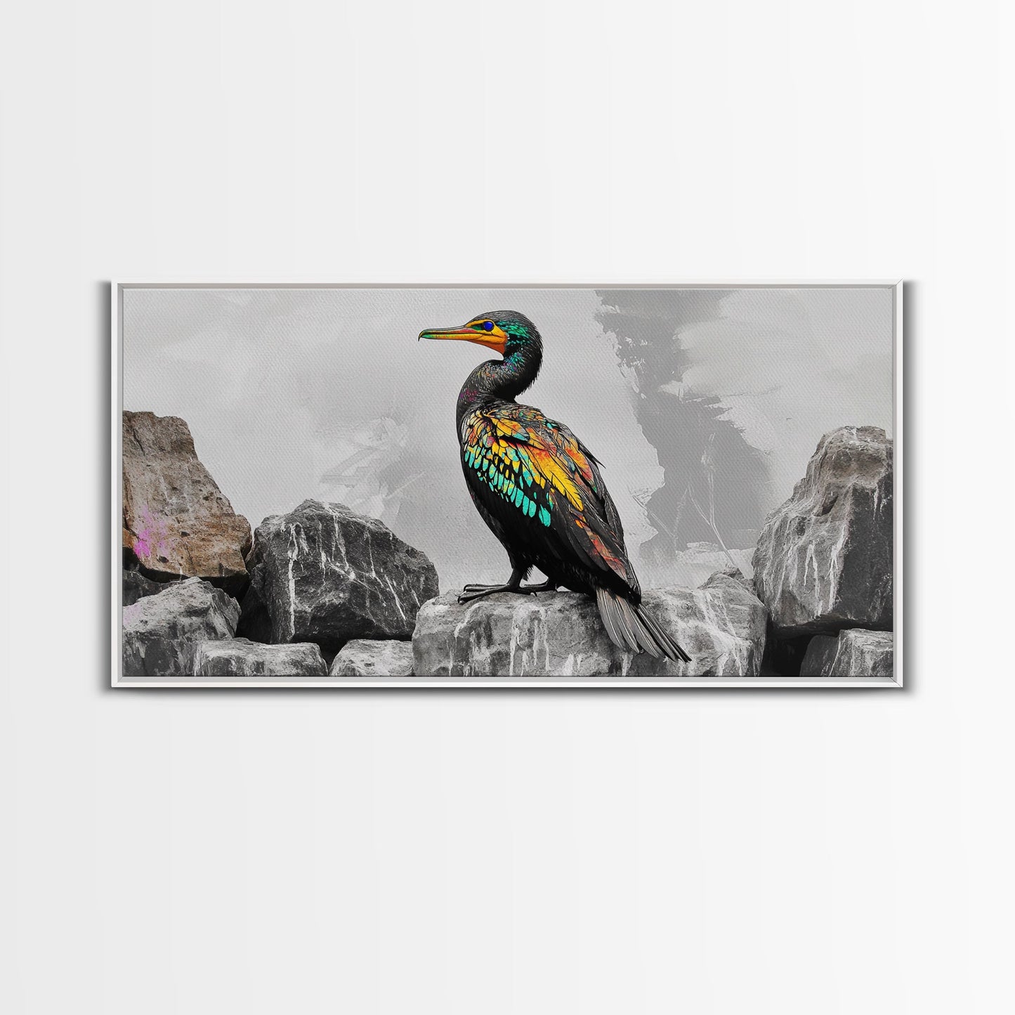 Vibrant Sea Bird, Colorful Wildlife Perch, Artistic Bird Feathers, Framed Canvas Print, Nature Wall Art, Office Decor, Boho Animal Style