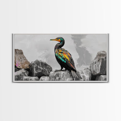 Vibrant Sea Bird, Colorful Wildlife Perch, Artistic Bird Feathers, Framed Canvas Print, Nature Wall Art, Office Decor, Boho Animal Style