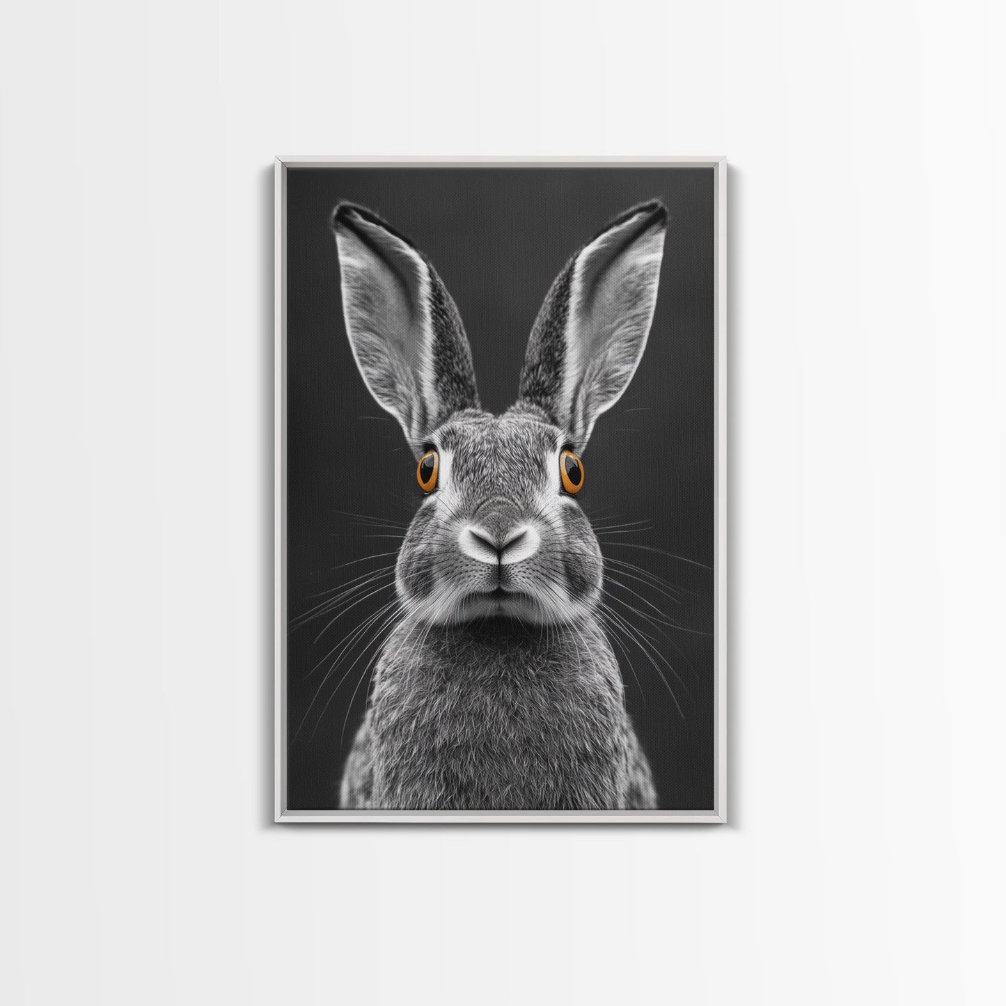 Wide Eyed Rabbit, Animal Portrait, Monochrome Humor, Framed Canvas Print, Nursery Wall Art, Whimsical Minimalist Decor, Funny Gift