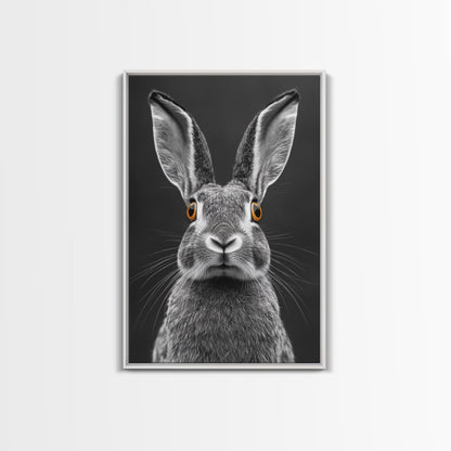 Wide Eyed Rabbit, Animal Portrait, Monochrome Humor, Framed Canvas Print, Nursery Wall Art, Whimsical Minimalist Decor, Funny Gift