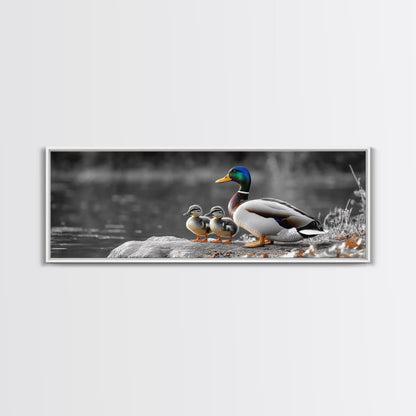 Duck Family, Nature Scene, Wildlife Birds, Lake Reflections, Framed Canvas Print, Nursery Decor, Cozy Art, Nature Lover Gift