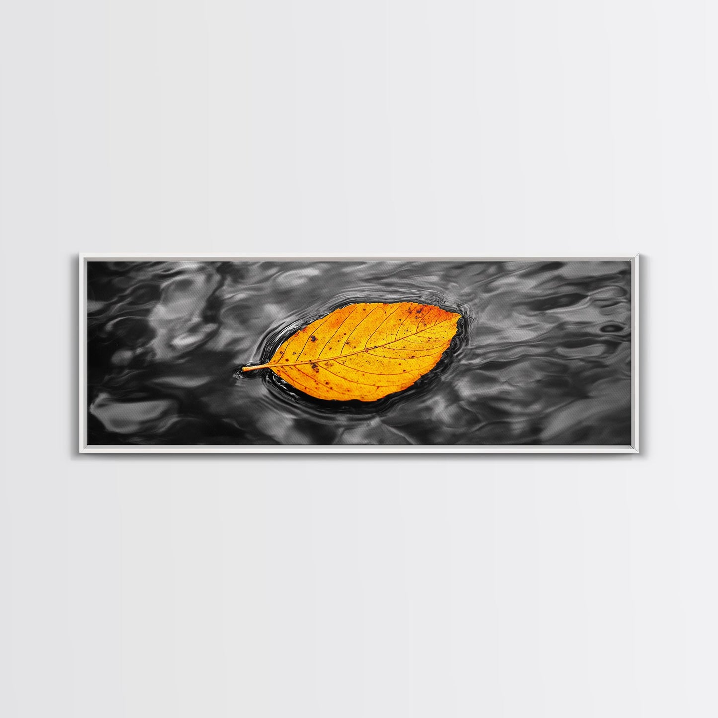 Floating Autumn Leaf, Orange Leaf on Water, Framed Canvas Print, Fall Bathroom Wall Art, Nature Closeup Photography, Minimalist Decor