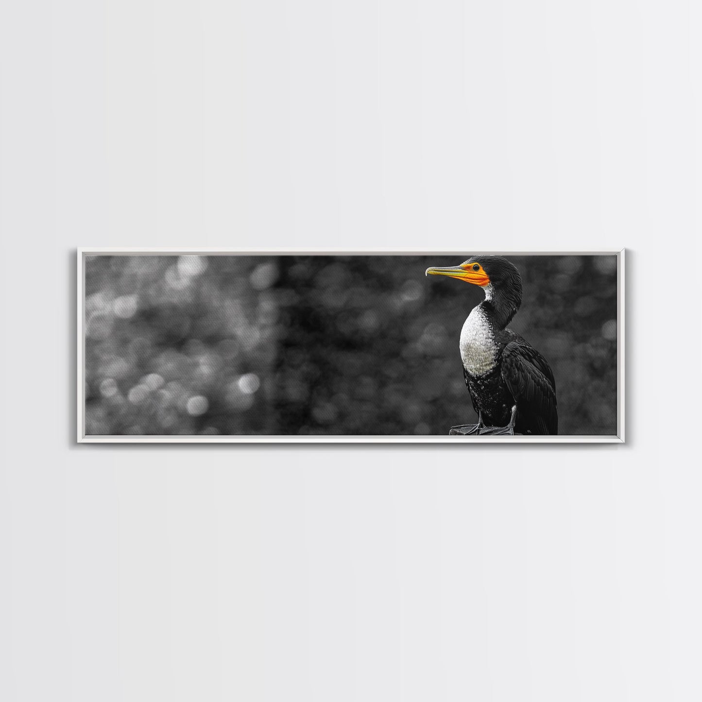 Black White Bird, Orange Beak Detail, Minimal Nature Portrait, Framed Canvas Print, Rustic Wall Art, Study or Cabin Decor