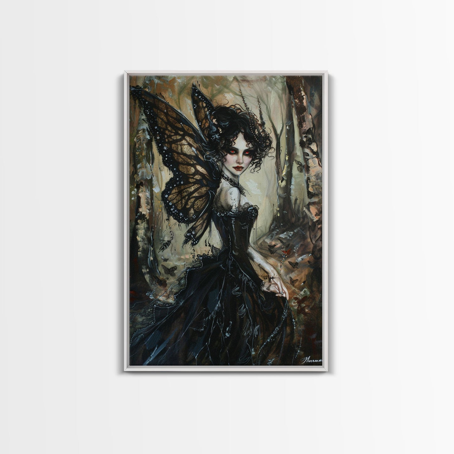 Dark Gothic Fairy with Butterfly Wings| Halloween Wall Art | Spooky Home Decor | Creepy Gothic Fairy Painting | Framed Canvas Print
