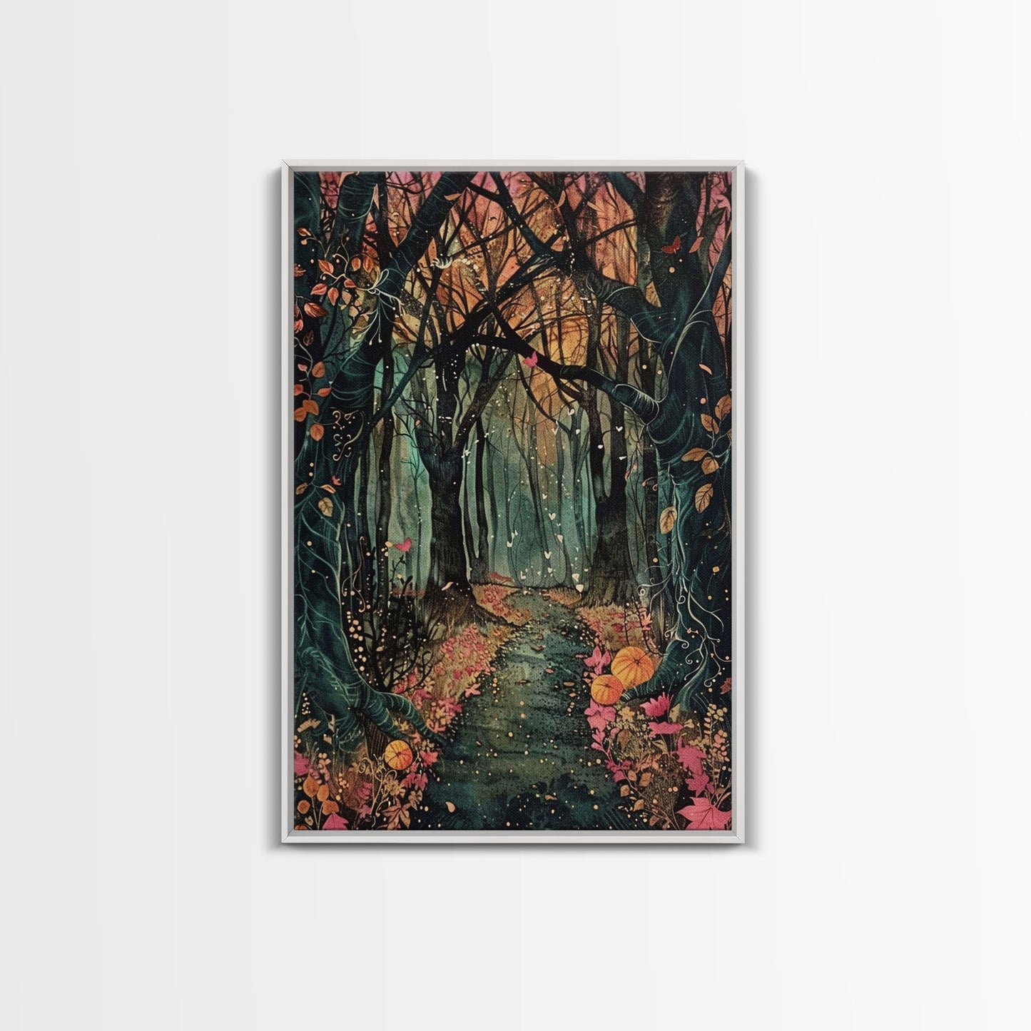 Haunted Pathway Through the Woods Framed Canvas Print, Spooky Forest Art, Halloween Night Scene, Mysterious Path Decor, Framed Canvas Print