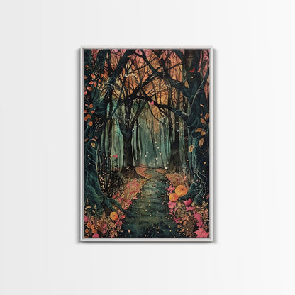 Haunted Pathway Through the Woods Framed Canvas Print, Spooky Forest Art, Halloween Night Scene, Mysterious Path Decor, Framed Canvas Print