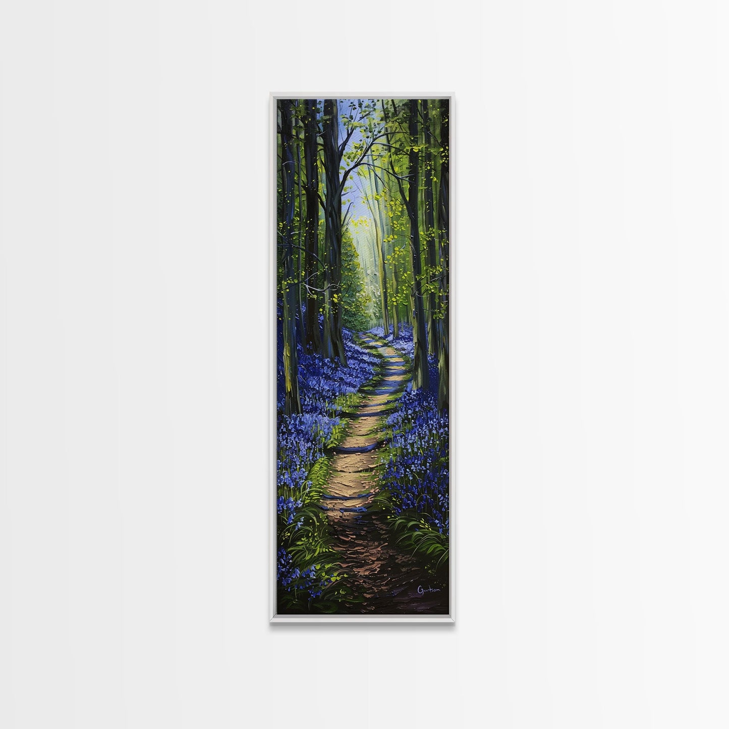 Pathway Through Enchanting Bluebell Woods in Tall Skinny Art Framed Canvas Print for Peaceful Wall Decor and Interior Design