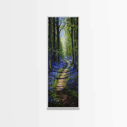 Pathway Through Enchanting Bluebell Woods in Tall Skinny Art Framed Canvas Print for Peaceful Wall Decor and Interior Design