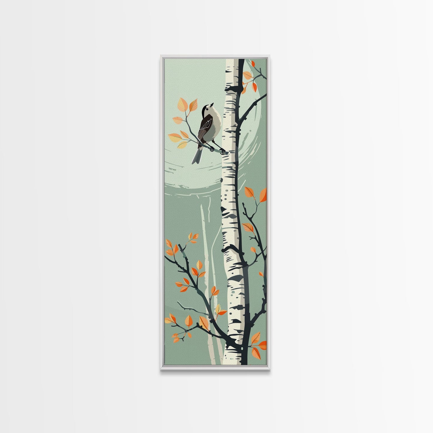 Skinny Art Bird On Birch Tree In Japanese Style Wood Block Print Autumn Tones On Framed Canvas Print, Tall Art Ukiyo-e