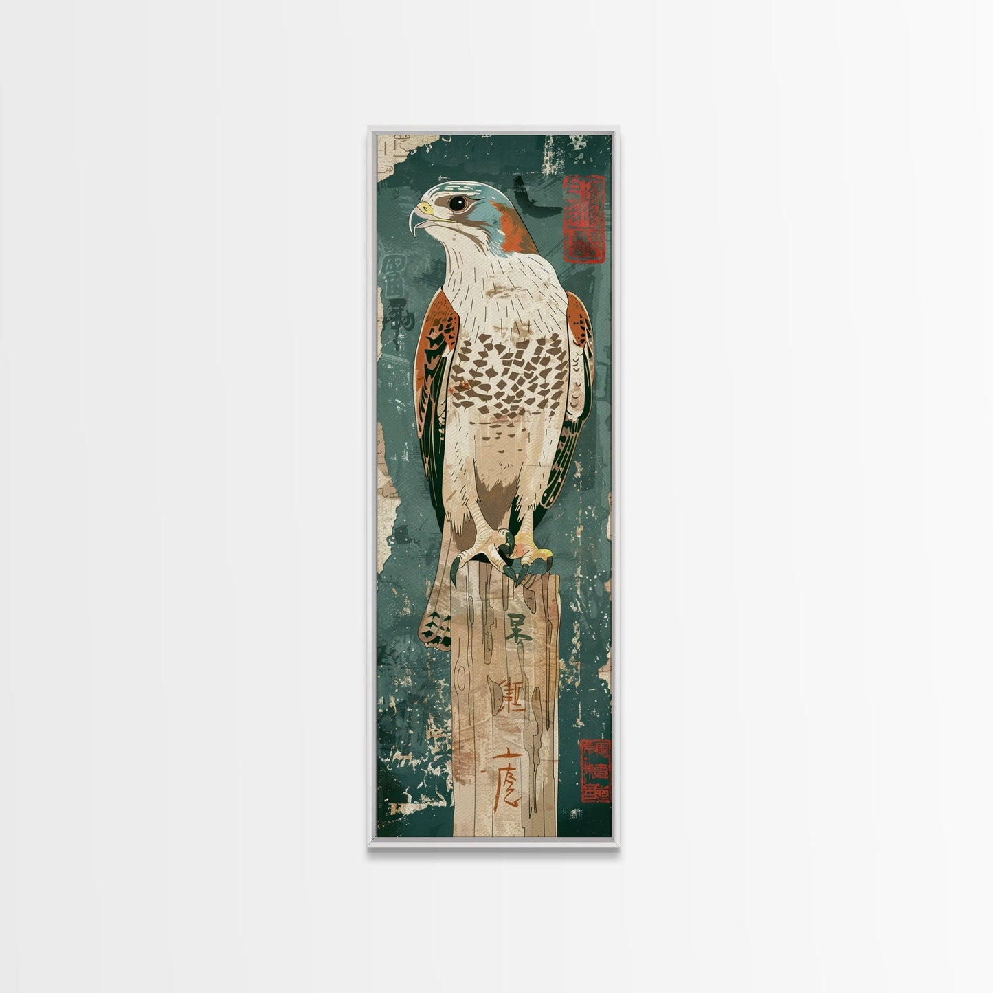 Majestic Hawk Perched On Weathered Stump Textured Background Skinny Art Tall Art Framed Canvas Print Japanese Style Art Ukiyo-e Art Wood Block Print