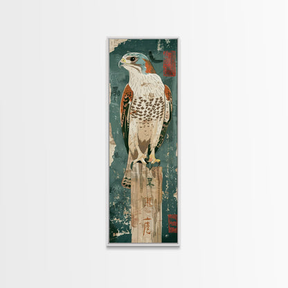 Majestic Hawk Perched On Weathered Stump Textured Background Skinny Art Tall Art Framed Canvas Print Japanese Style Art Ukiyo-e Art Wood Block Print