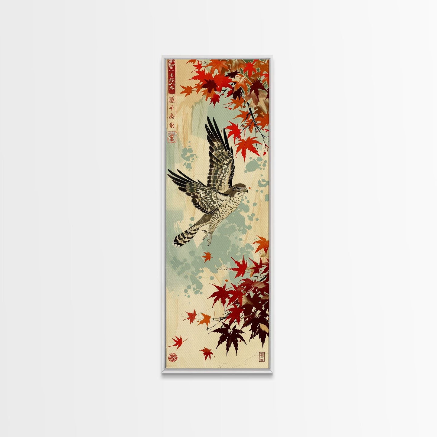 Hawk In Flight Among Red Maple Leaves Tall Art Skinny Art Framed Canvas Print Japanese Style Art Ukiyo-e Wood Block Print