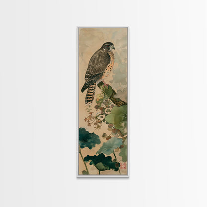 Majestic Hawk Perched Among Verdant Foliage Ukiyo-e Tall Skinny Wood Block Framed Canvas Print Japanese Style Art