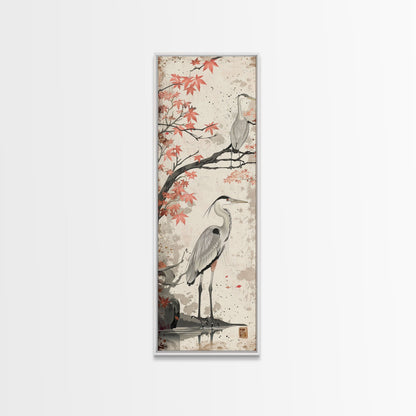 Herons On Autumn Branches Skinny Art Wood Block Print Japanese Style Art Framed Canvas Print Tall Art Ukiyo-e Art