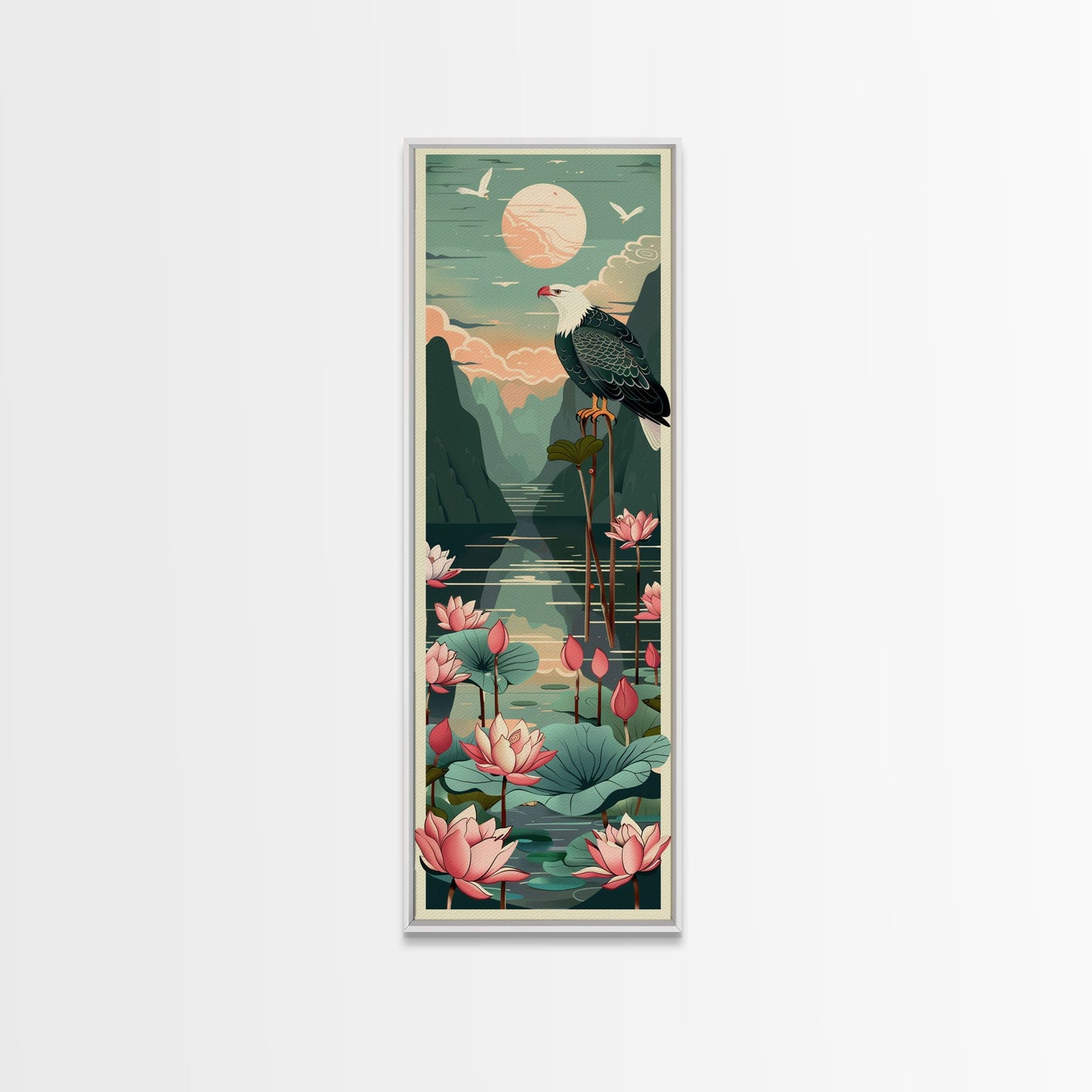 Majestic Eagle Over Lotus Pond Skinny Art Tall Art Japanese Ukiyo-e Inspired Nature Framed Canvas Print for Home and Office
