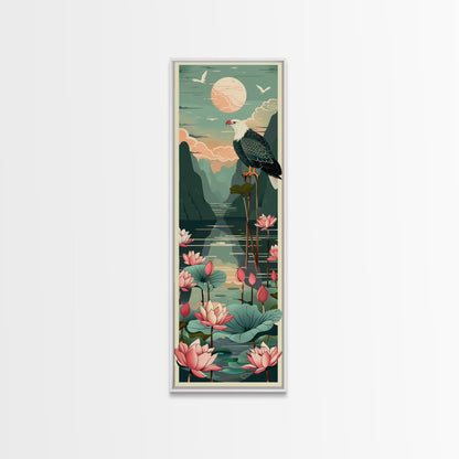 Majestic Eagle Over Lotus Pond Skinny Art Tall Art Japanese Ukiyo-e Inspired Nature Framed Canvas Print for Home and Office