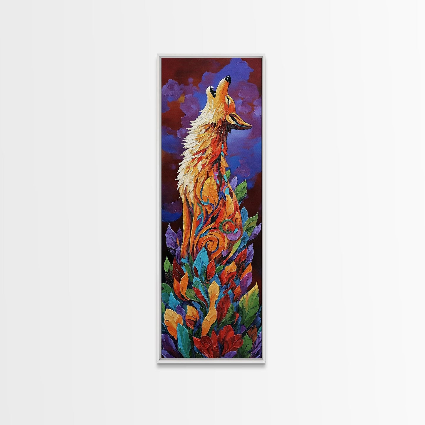 Colorful Howling Wolf Canvas Print rustic decor, long narrow wall art, wildlife painting, tall skinny art, moody art, animal wall art, whimsical art, southwest wall art, Joshua tree art