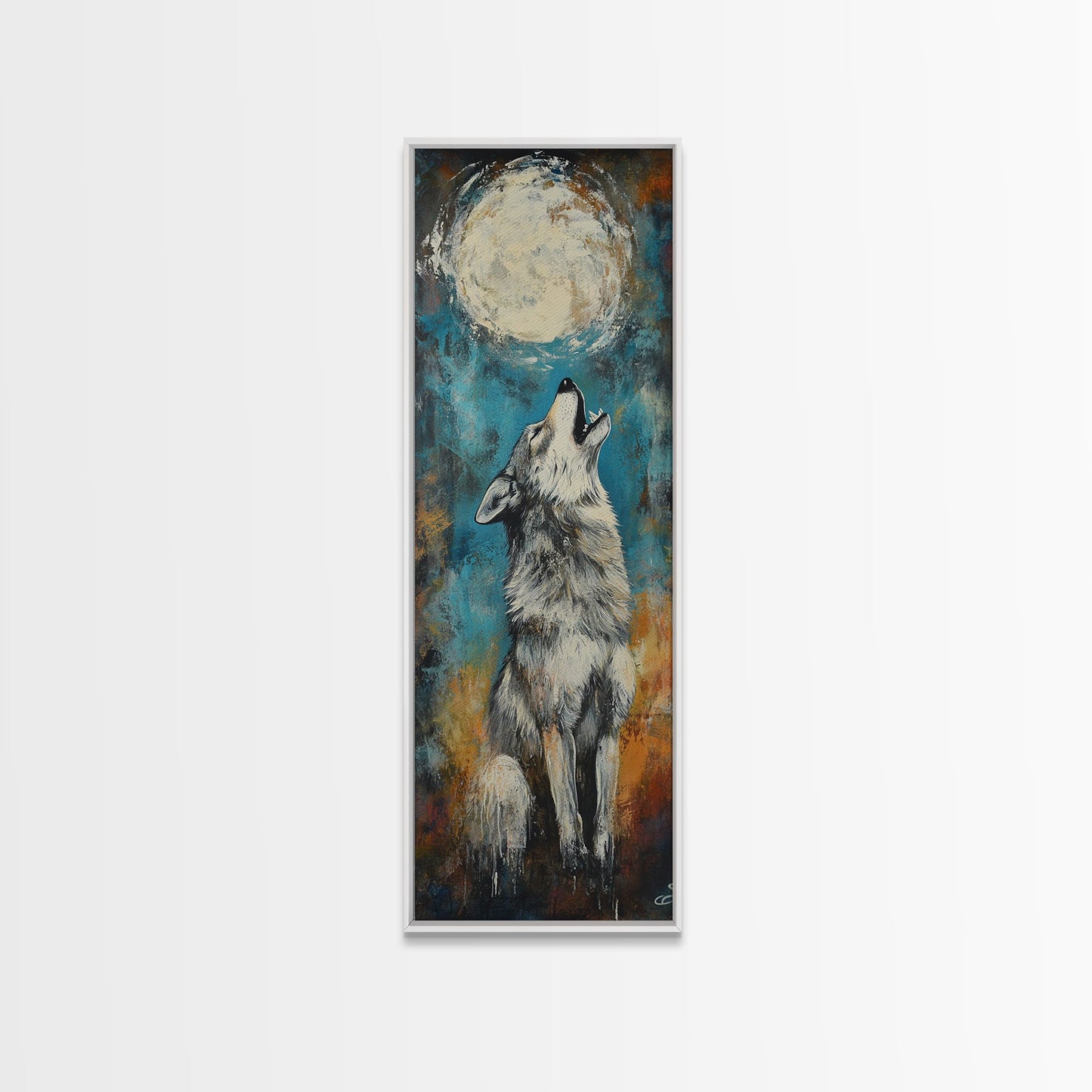 Full Moon Howling Wolf Canvas Print moody art, celestial wall art, nighttime painting, rustic decor, mountain painting, above bed wall art, blue and green wall art, bedroom art, southwest wall art