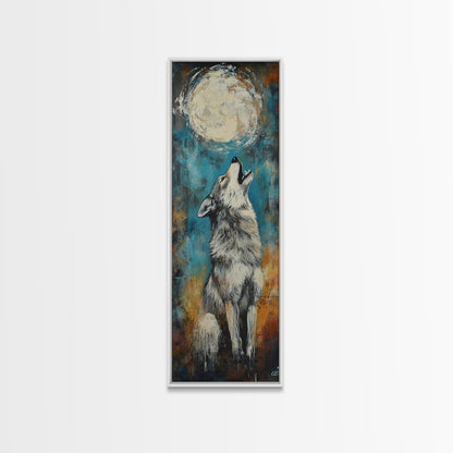 Full Moon Howling Wolf Canvas Print moody art, celestial wall art, nighttime painting, rustic decor, mountain painting, above bed wall art, blue and green wall art, bedroom art, southwest wall art