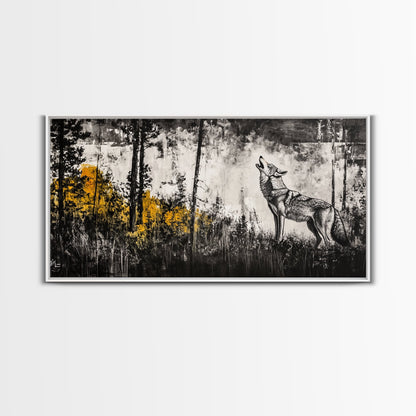 Howling Wolf, moody art, pine tree art, rustic wall art, forest at dusk painting, extra wide art, framed canvas print, southwestern art
