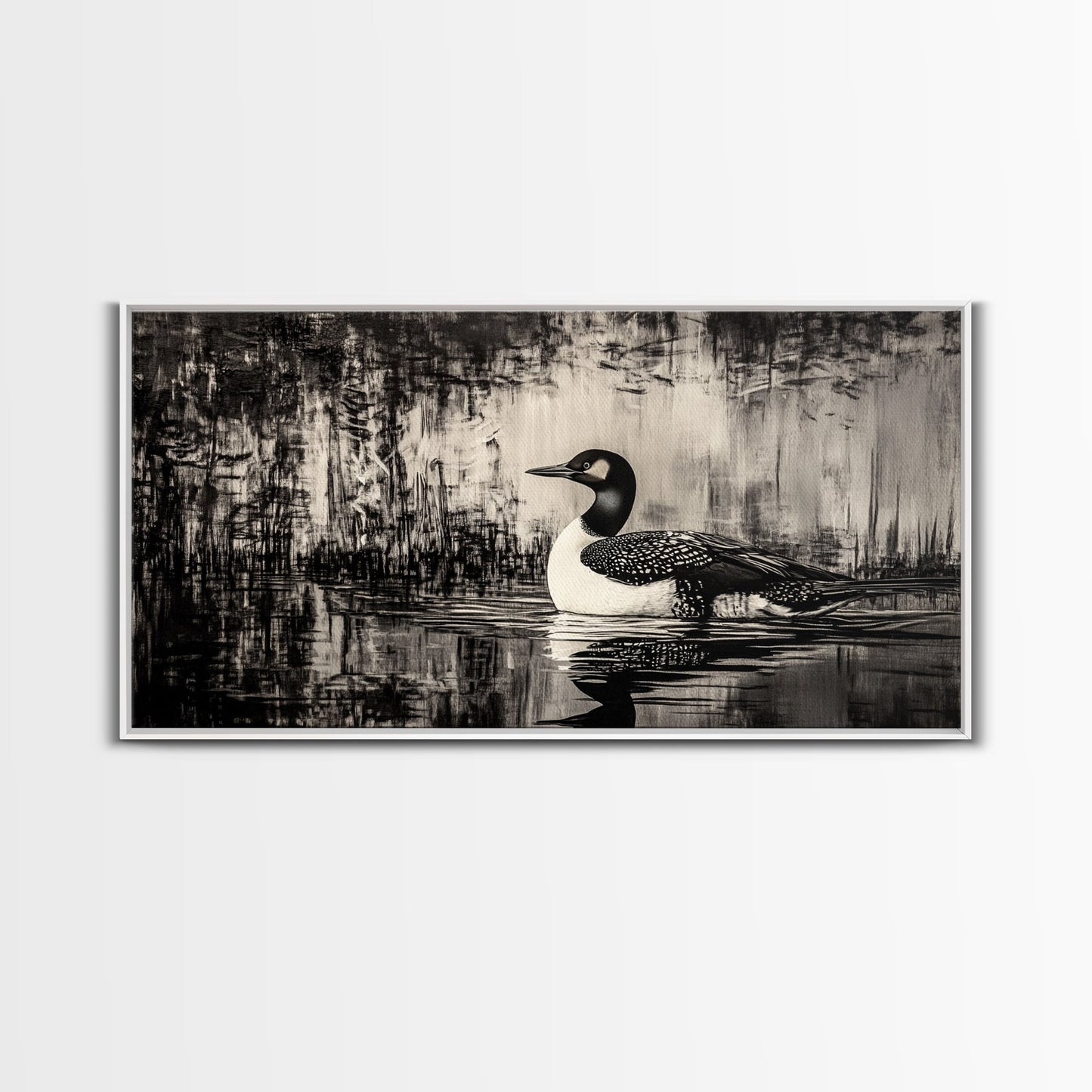 Loon Bird Art, Black and White Painting, Wildlife Wall Art, Rustic Decor, Framed Canvas Print, Lake House Art, Nature Lover Gift