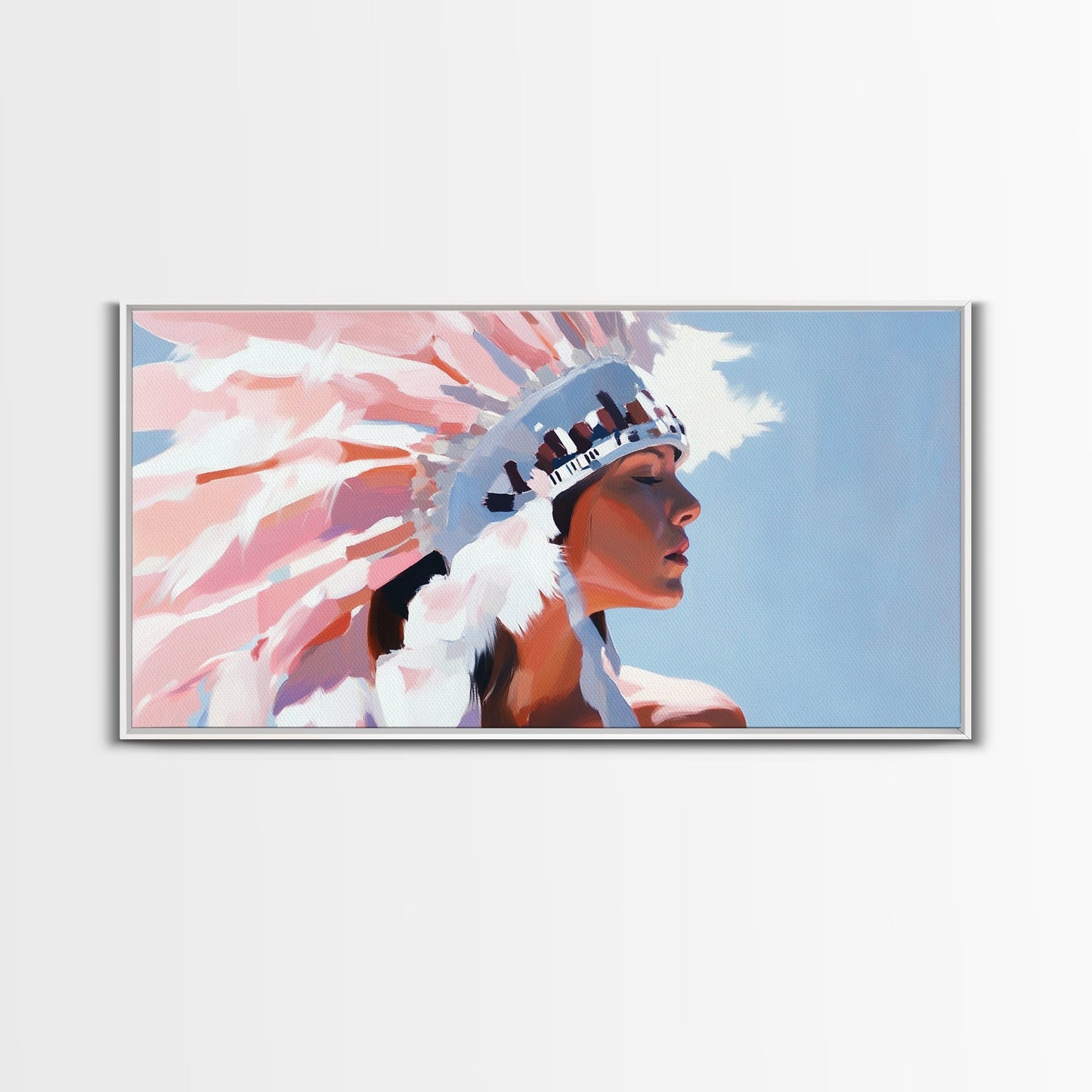 Native American Art, Woman in Headdress, Southwest Wall Art, Cultural Portrait, Framed Canvas Print, Extra Wide Art, Rustic Decor