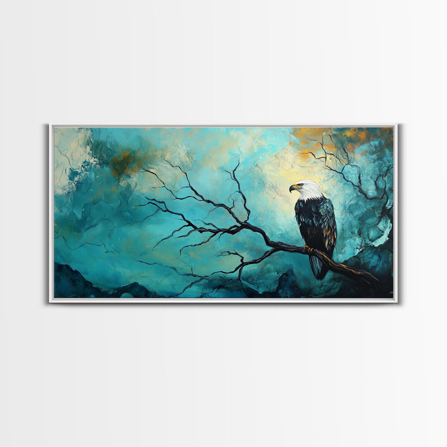 Eagle, Moody Art, Dark Romance Painting, Nature Painting, Rustic Wall Art, Above Sofa Art, Extra Wide Art, Framed Canvas Print, Wildlife Art