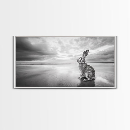 Rabbit Beach, whimsical art, coastal decor, animal painting, nature wall art, moody art, soft neutral tones, beach photography, Canvas Print