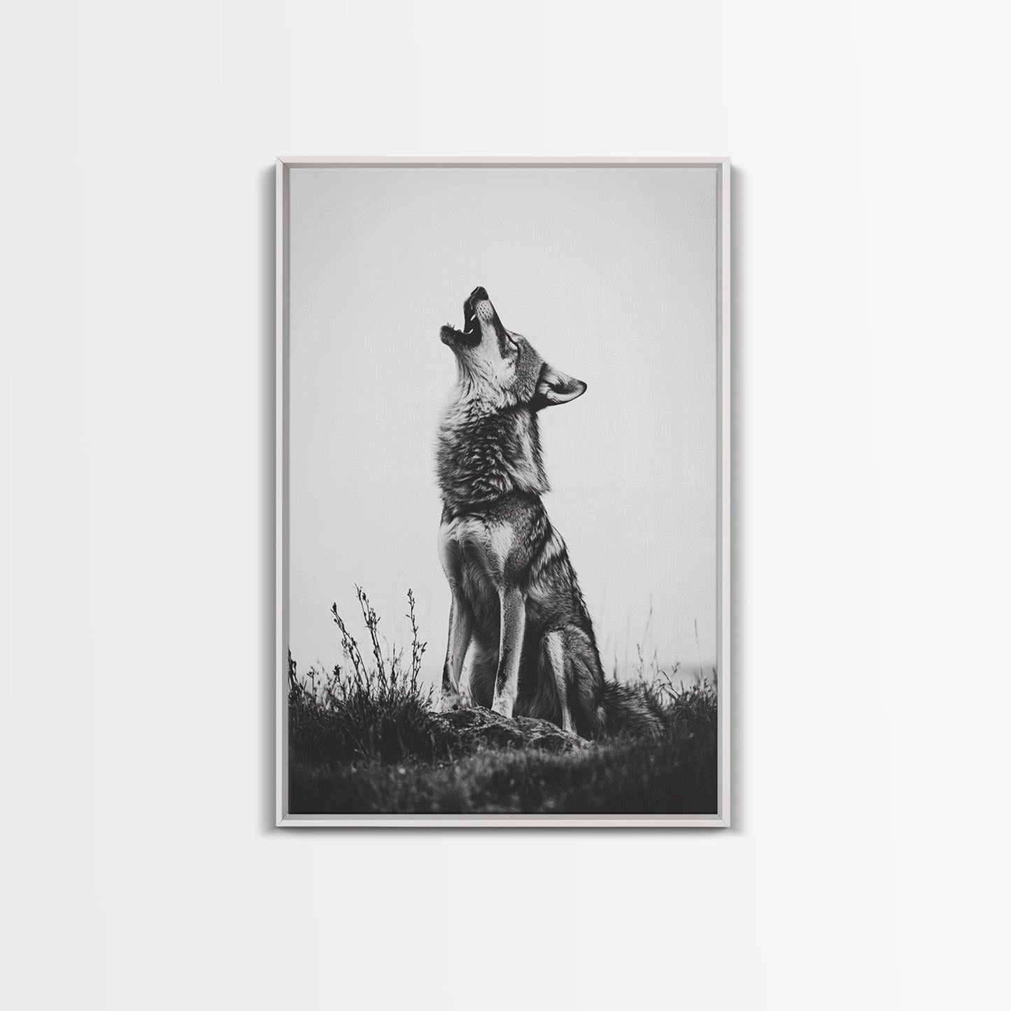 Howling Wolf, wildlife art, moody art, rustic decor, nature photography, black and white animal print, framed canvas print, minimalist art