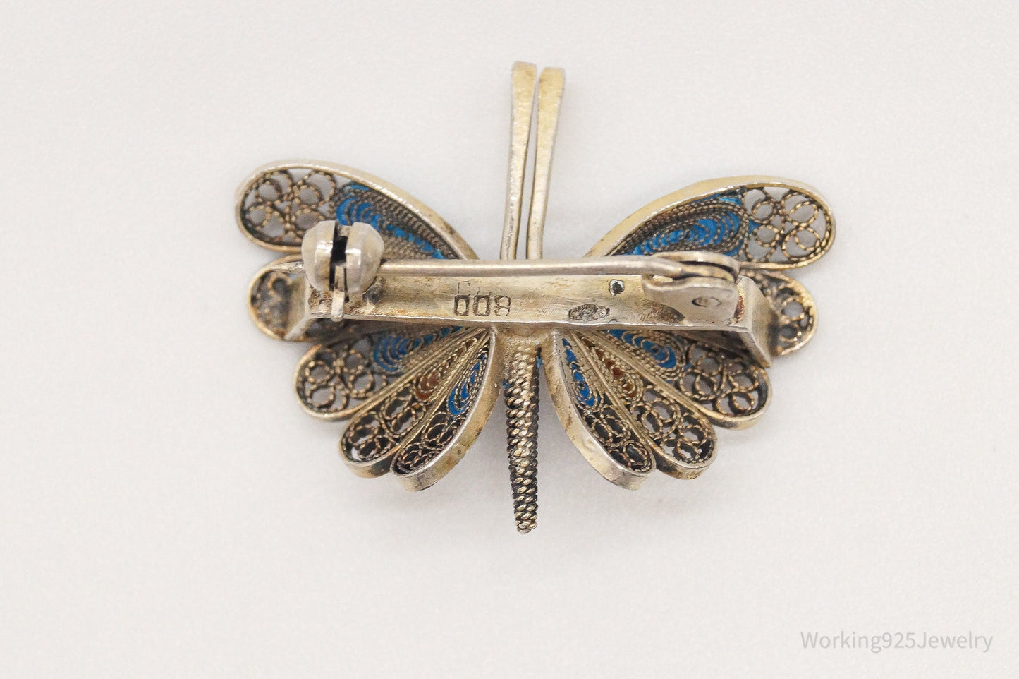 Vintage Butterfly Enamel Gold Wash 800 Silver Filigree Pin Brooch