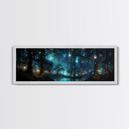 Fantasy Forest Print - Lightning Bugs Light Up The Forest At Night - Framed Canvas Print - Beautiful Fantasy Art - Framed Wall Art Fireflies