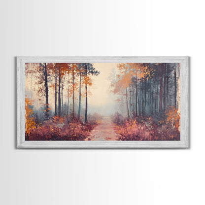 Misty Autumn Woods Framed Canvas Print, Moody Fall Pathway Art, Fall Home Decor, Modern Farmhouse Seasonal Wall Art, Holiday Gift Idea