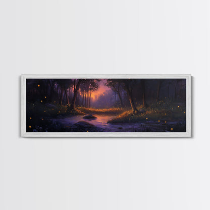 Panoramic Fantasy Forest Canvas Print, Fireflies Light Up The Night Sky in A Fantasy Forest,  Fantasy Painting