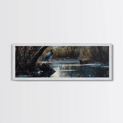 Blue Heron Wall Art, Framed Canvas Print, Nautical Home Decor, Blue Heron Painting, Panoramic Horizontal Wall Art