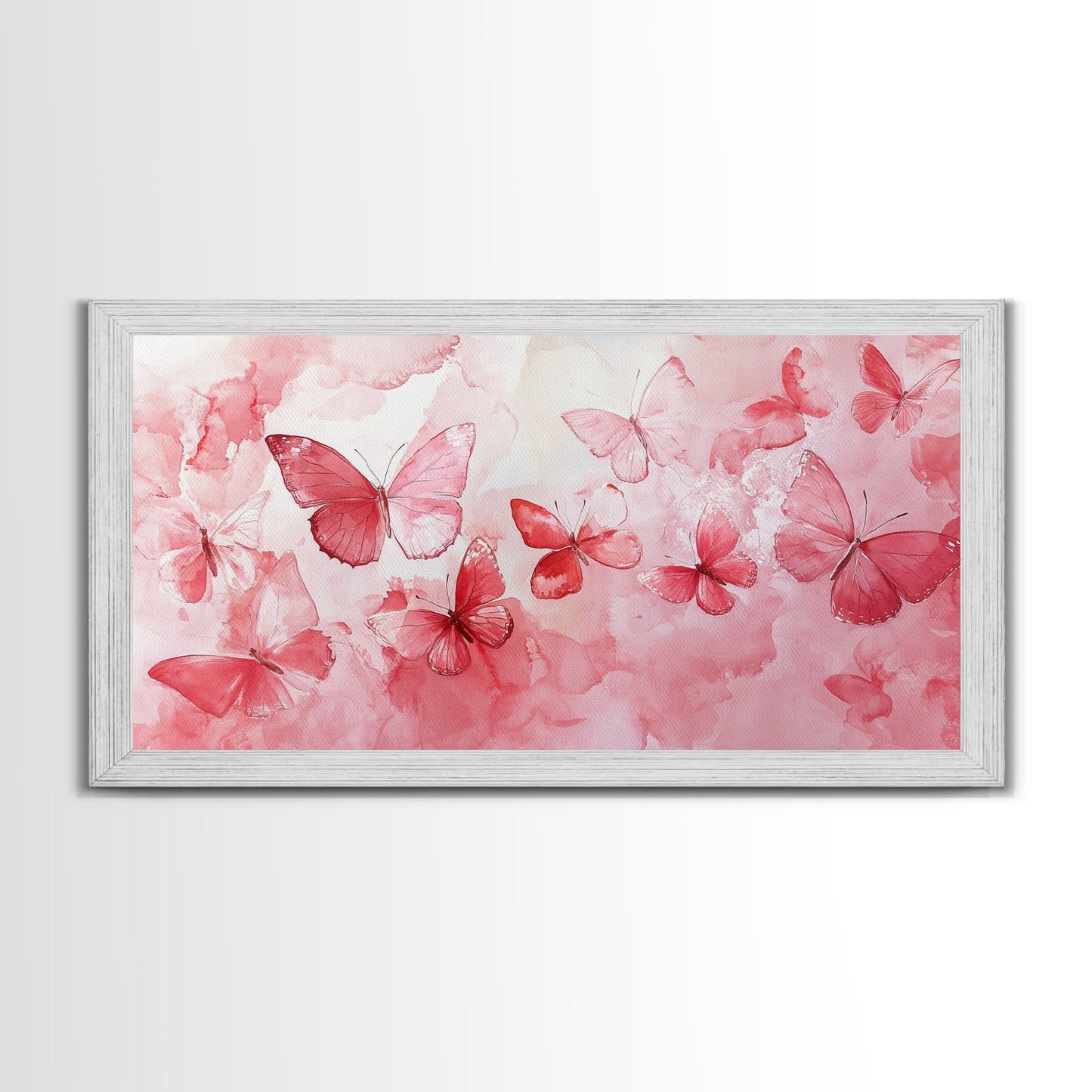 Pink Butterfly Collection Illustration in Whimsical Wall Art Style on Framed Canvas Print, Feminine Bedroom or Living Room Decor