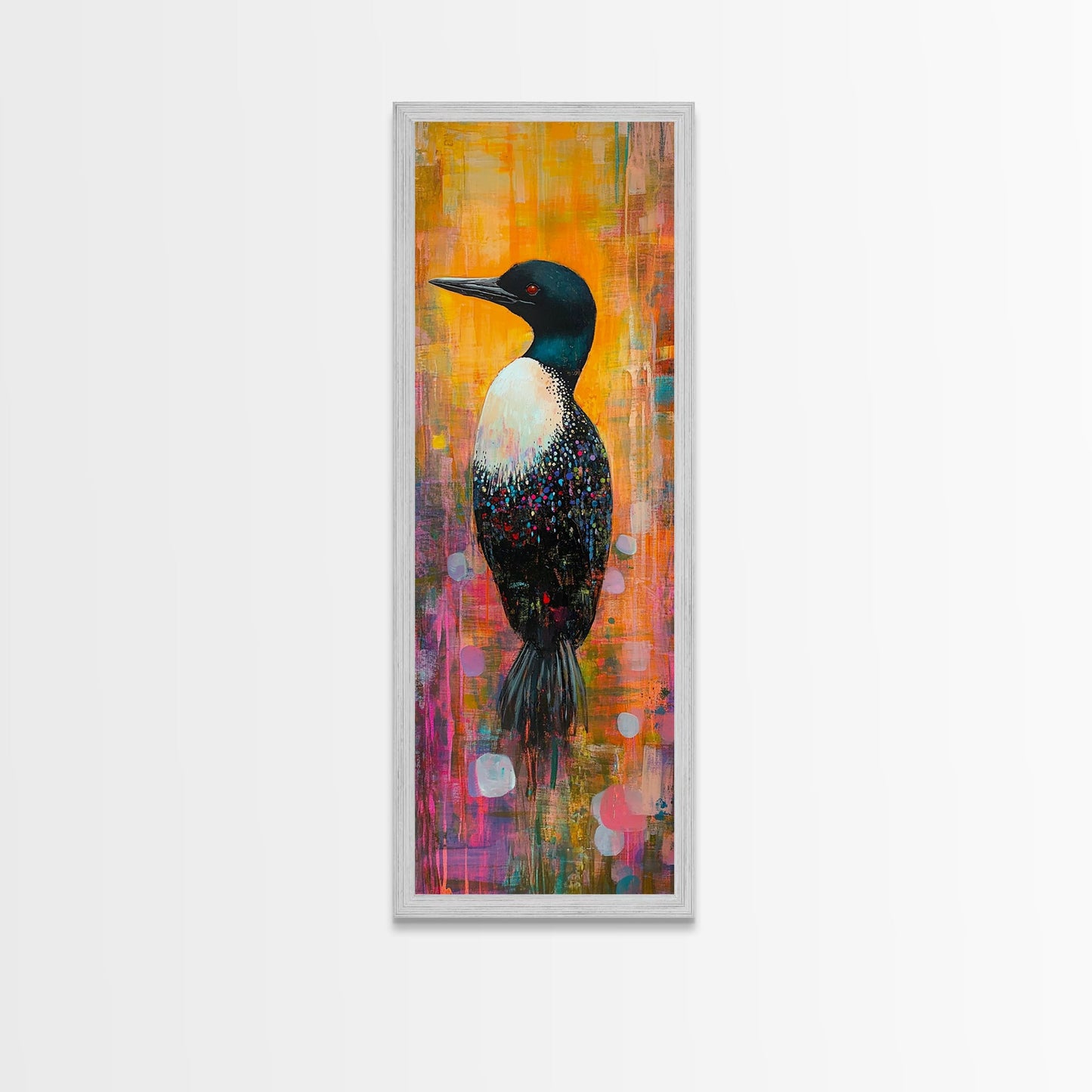 Loon painting, bird art, whimsical art, colorful art, tall narrow art, framed canvas print, moody art, bedroom decor, modern style
